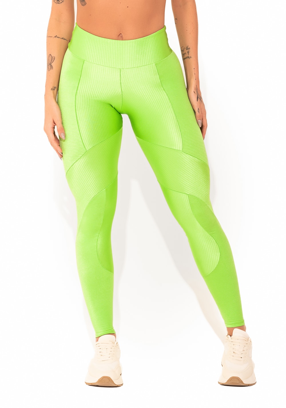 Legging fitness feminina verde canelada com recortes elegance