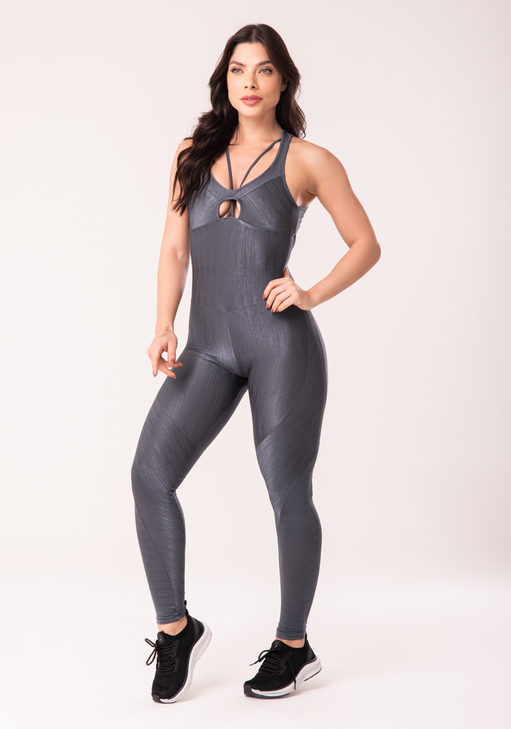 Macacão fitness feminino chumbo texturizado cut-out elegance