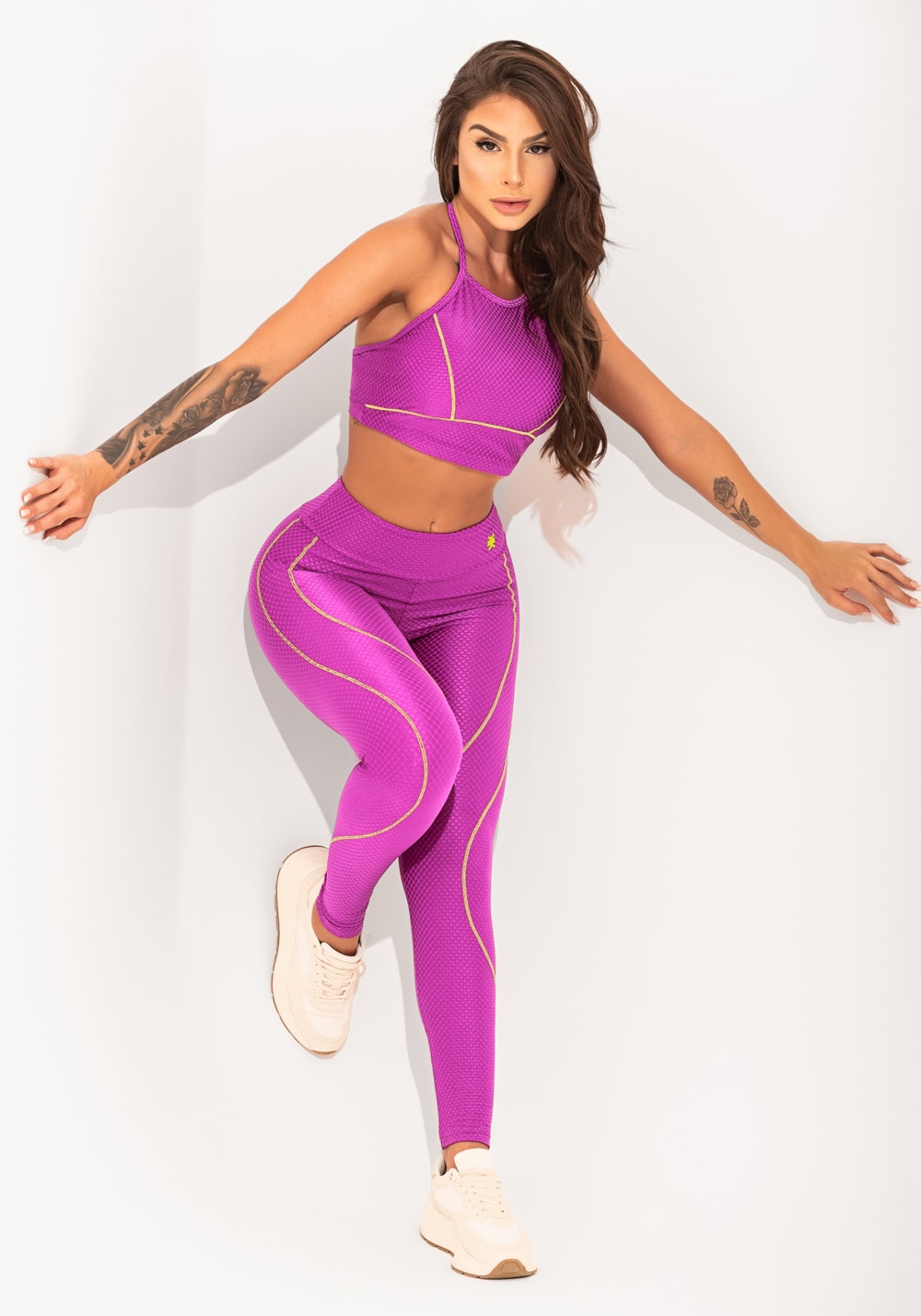 Legging fitness feminina roxo texturizada com pesponto elegance