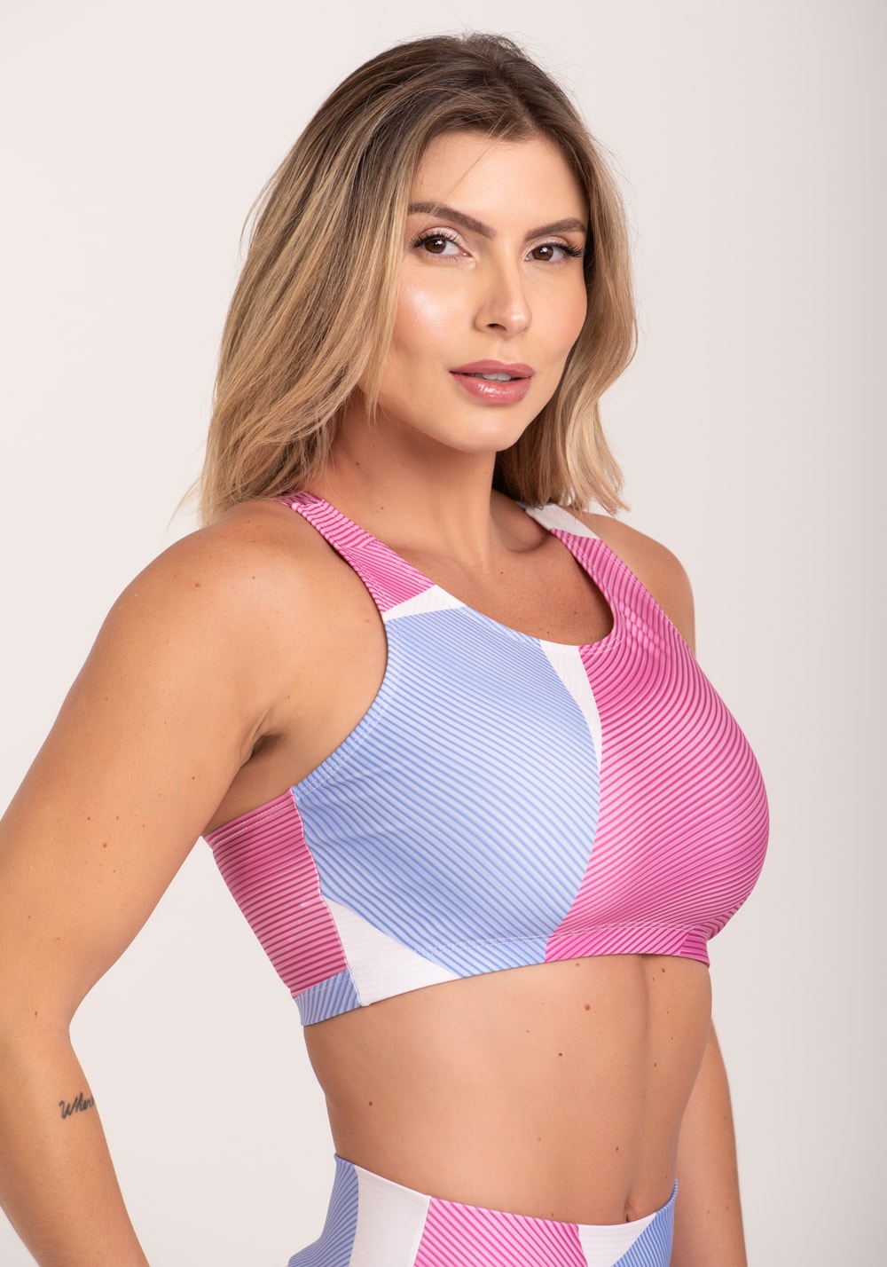 Top fitness feminino nadador estampado strip rosa printed