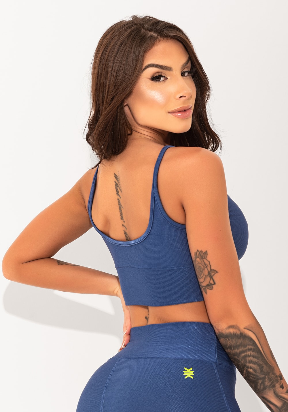 Top fitness feminino azul com bojo canelado elegance