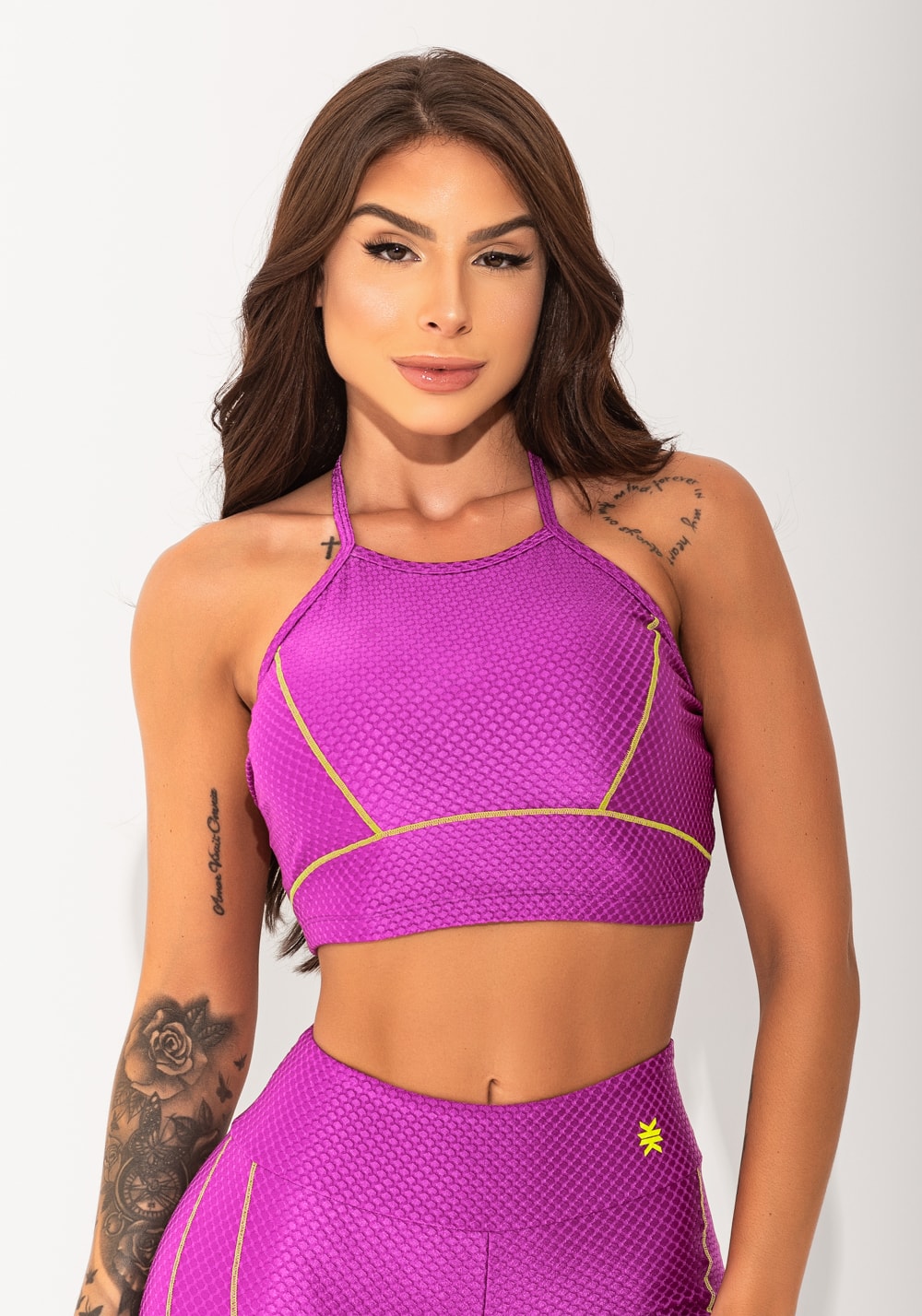 Top fitness feminino roxo texturizado com pesponto elegance
