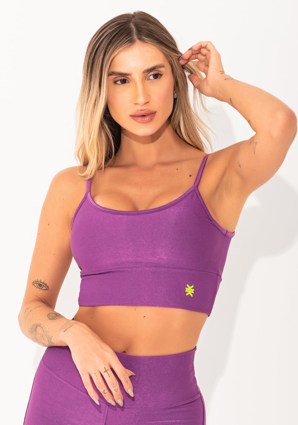 Top fitness feminino roxo com bojo canelado elegance