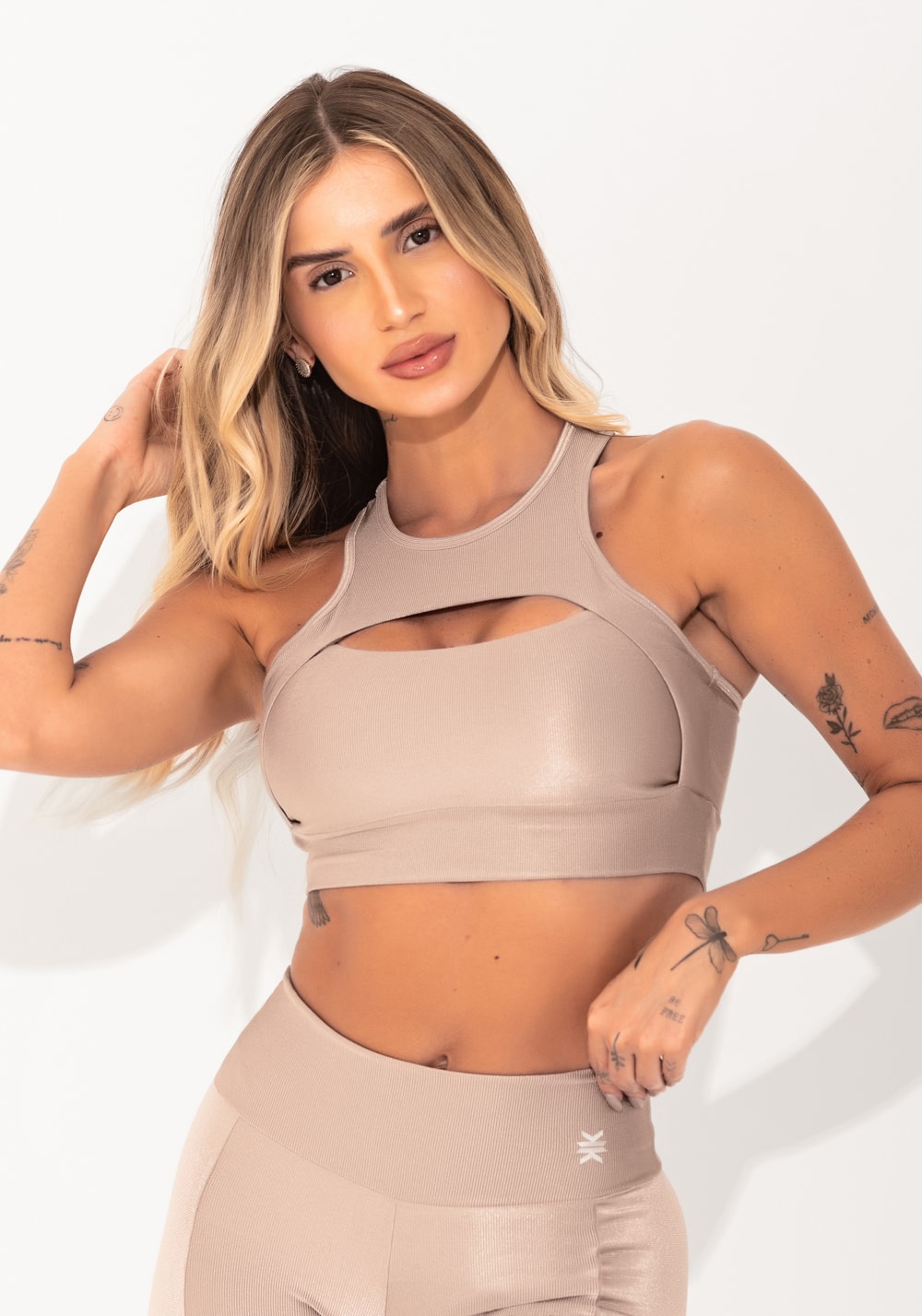 Top fitness feminino nude canelado cut-out elegance