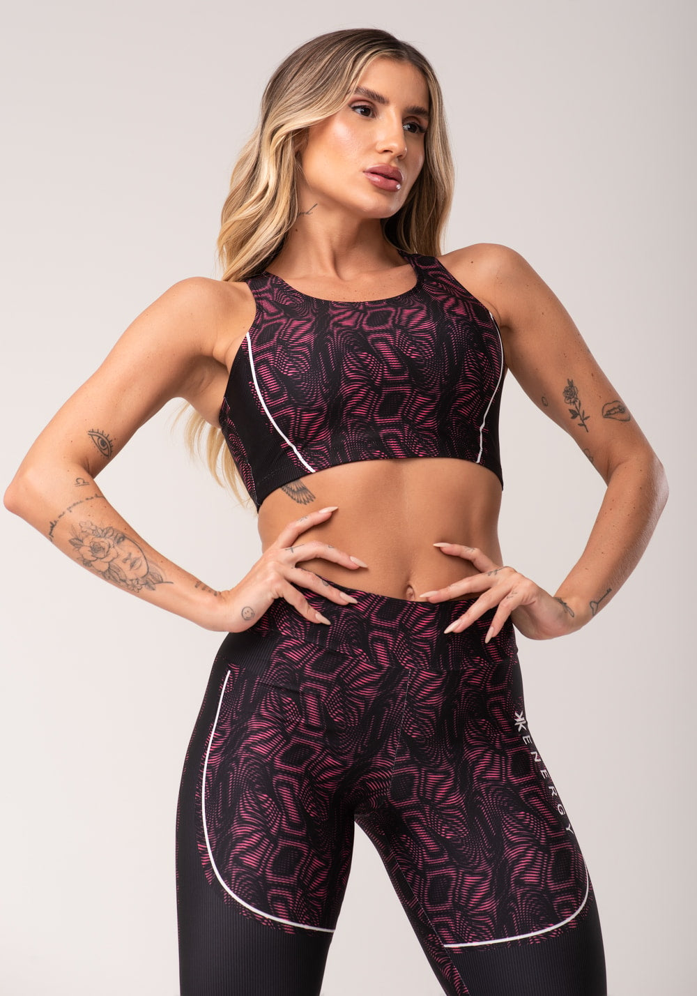 Top fitness feminino nadador estampado energy rosa printed