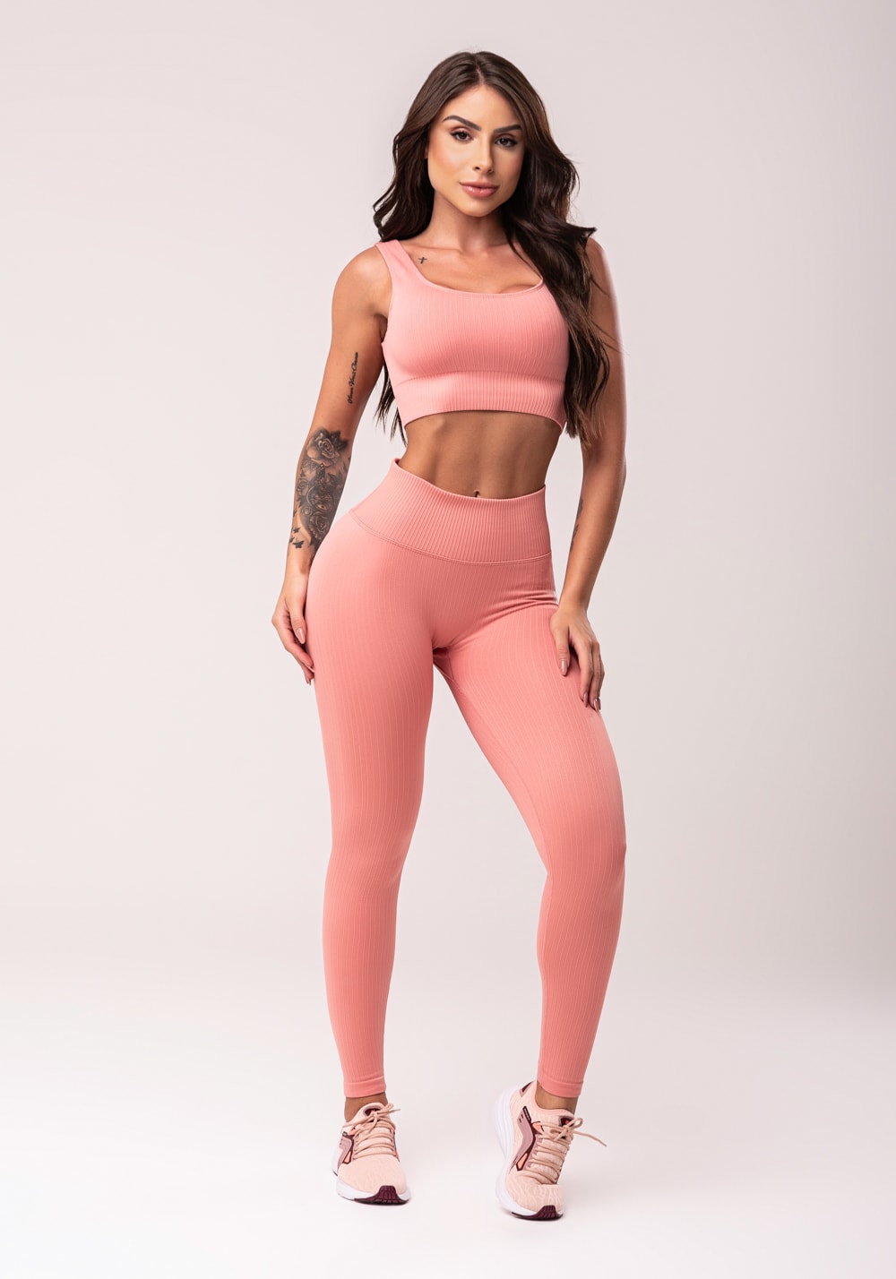 Legging fitness feminina rosé com cós alto e detalhe em v seamless