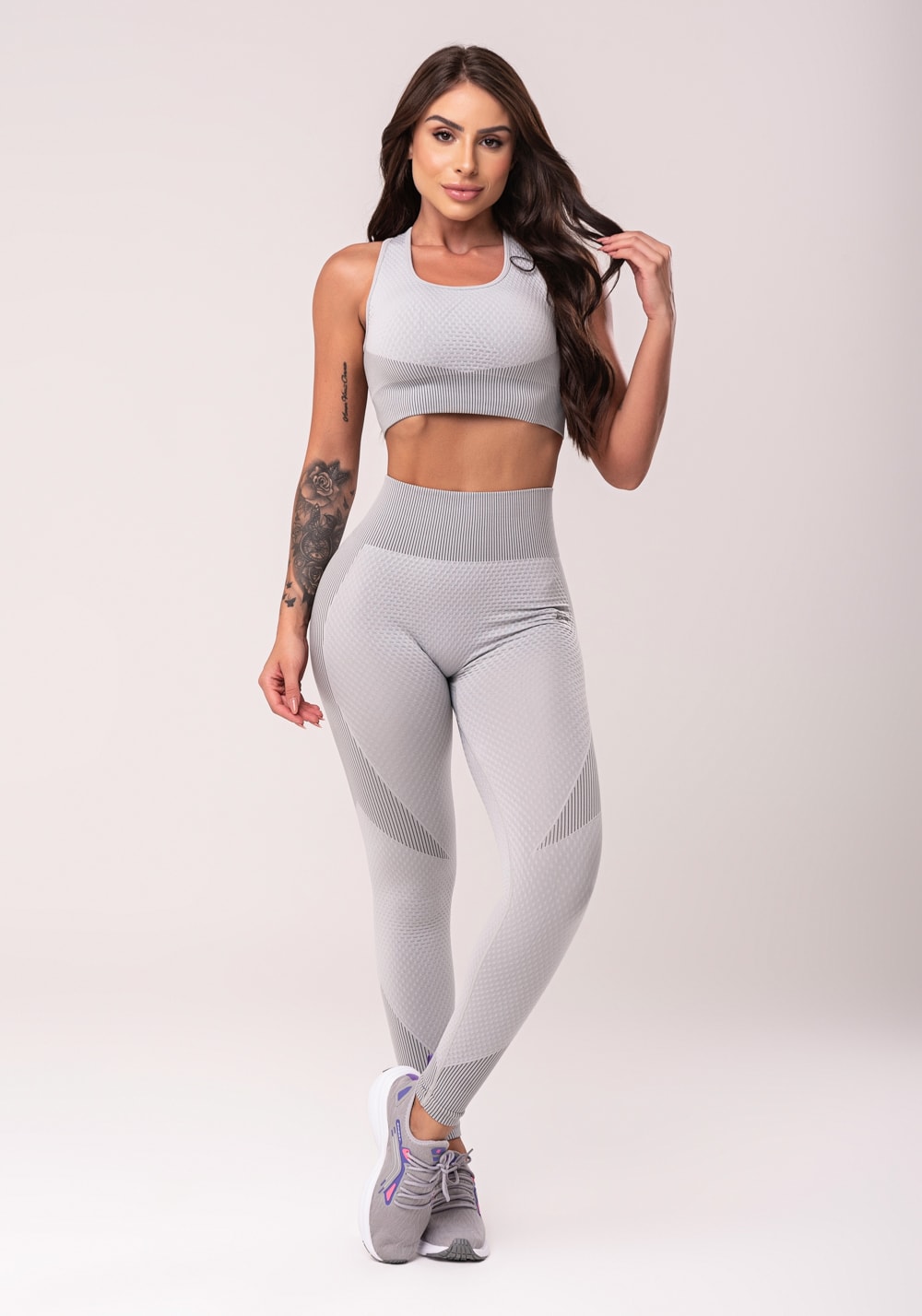 Legging fitness feminina cinza texturizada seamless