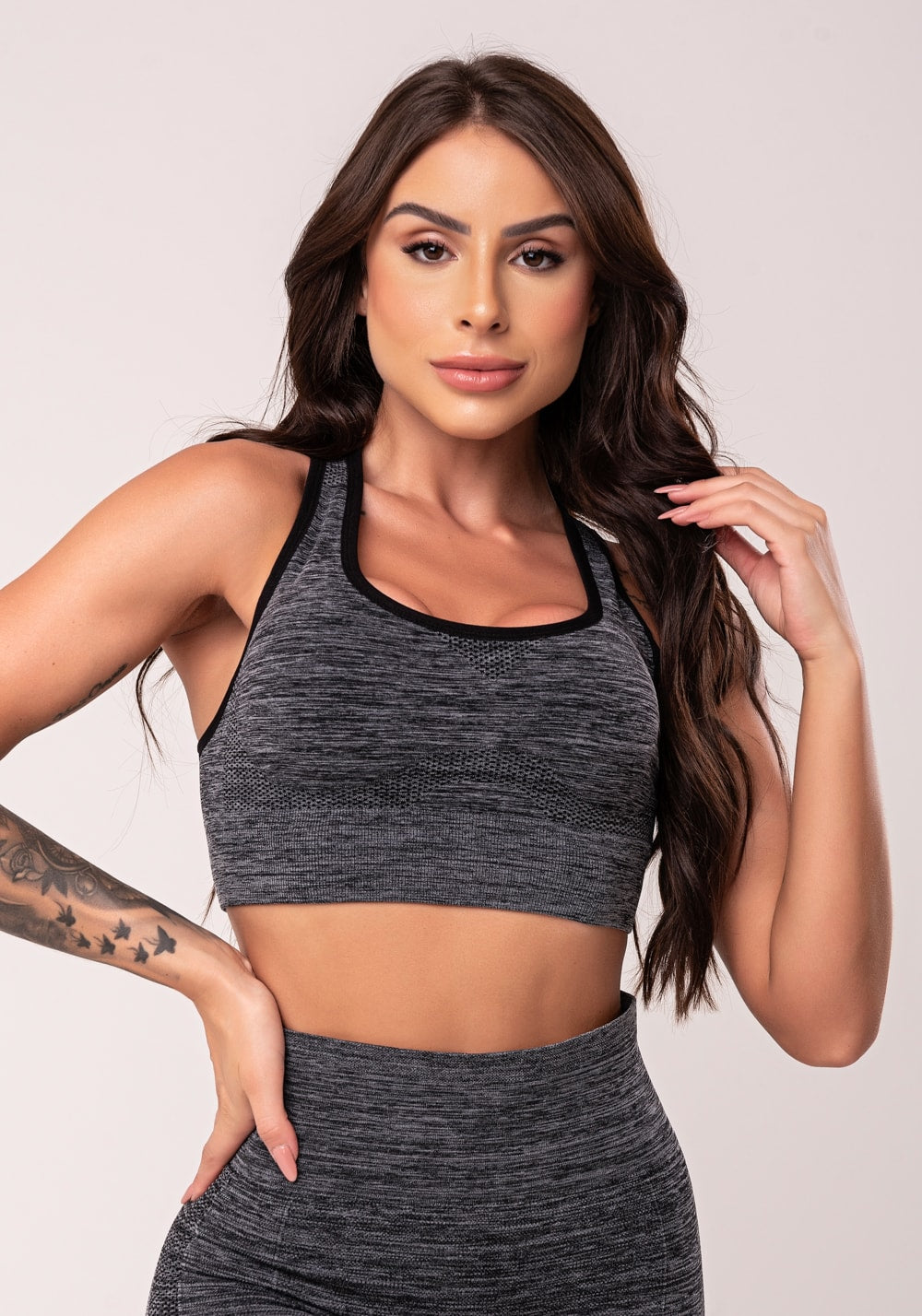 Top fitness feminino mescla modelo nadador com bojo seamless