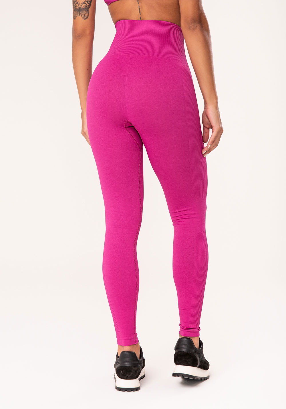Legging fitness feminina fúcsia com recorte canelado seamless