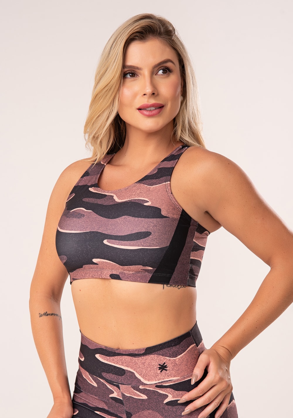 Top fitness feminino nadador estampado camuflado terra printed