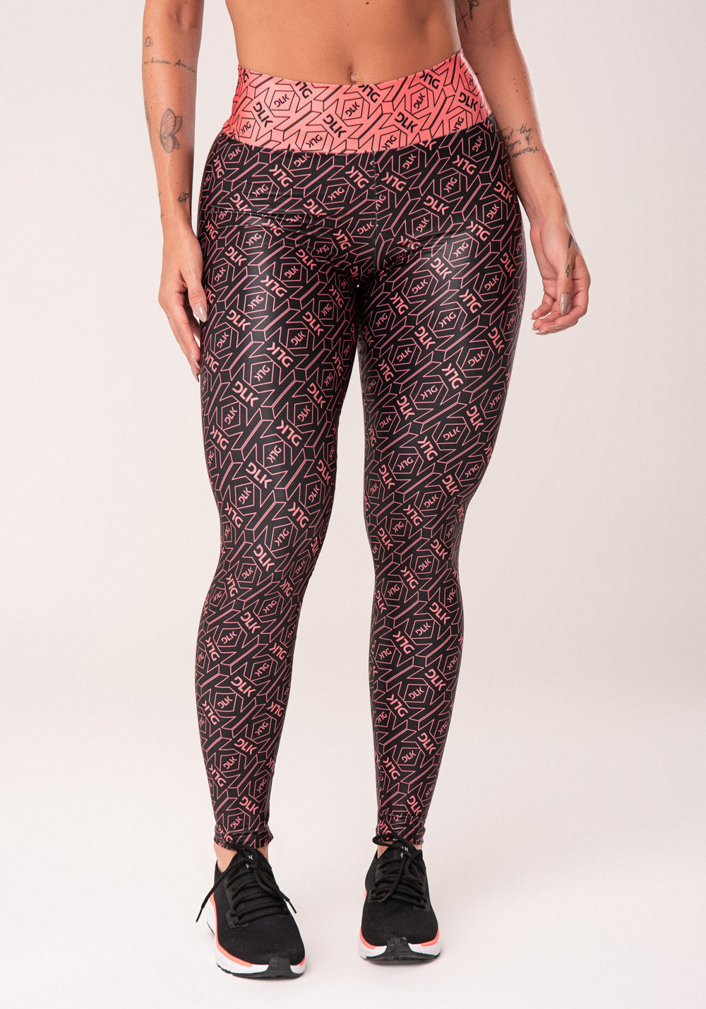 Legging fitness feminina coral e preto logomania flow