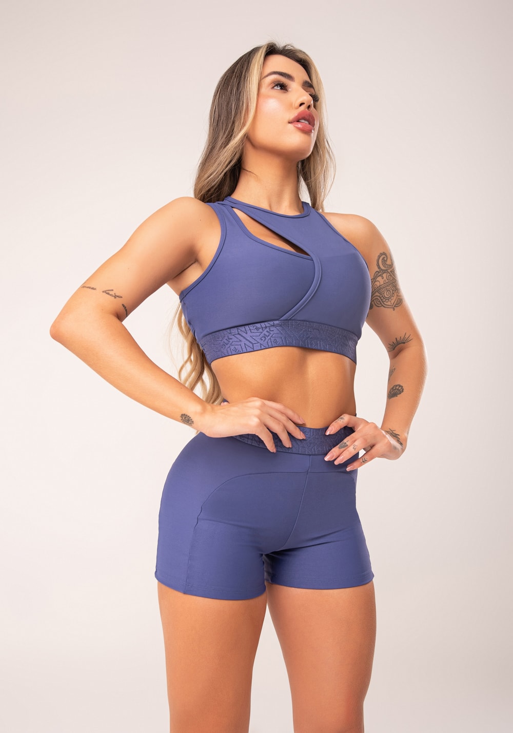 Top fitness feminino azul assimétrico com elástico flow