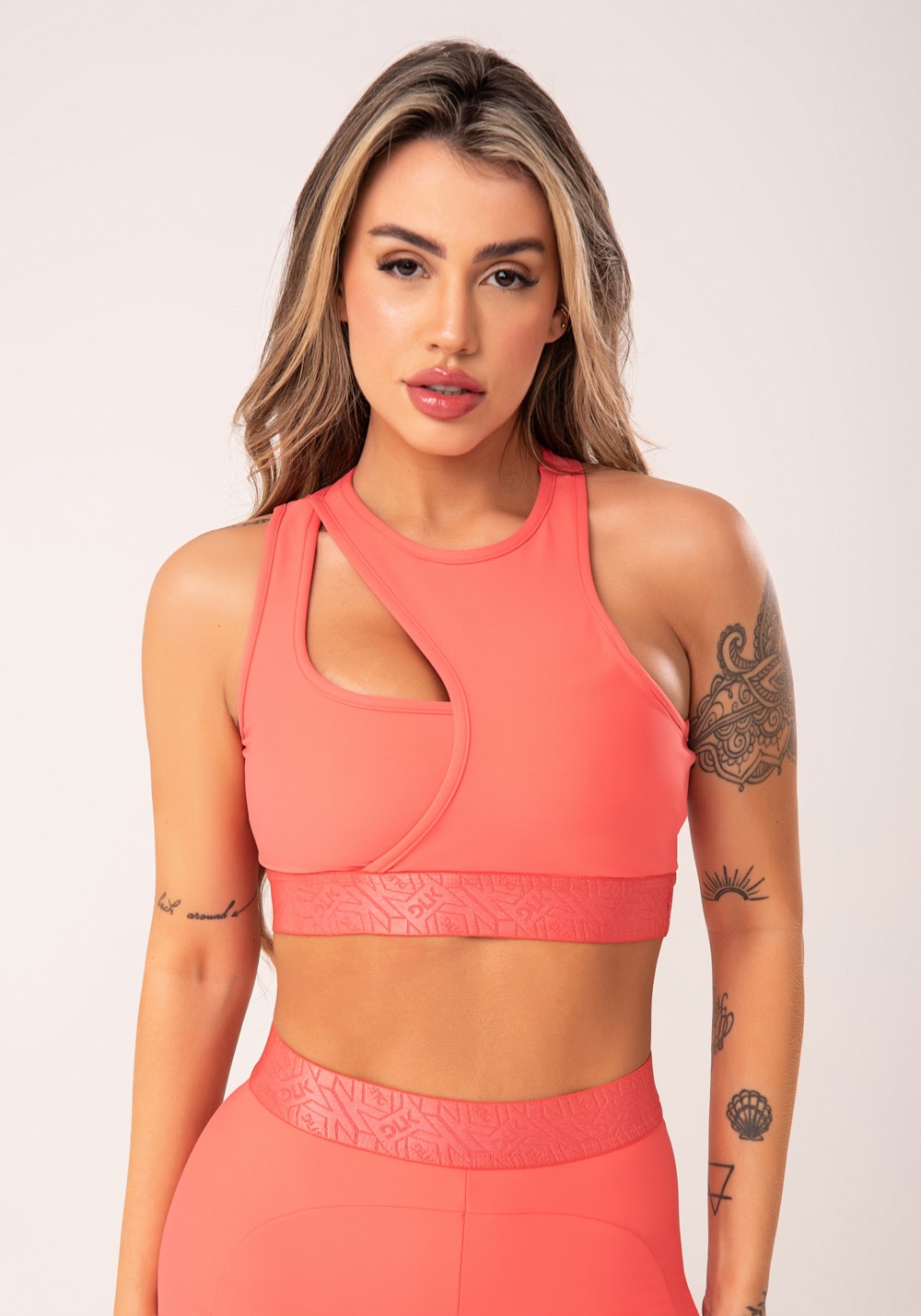 Top fitness feminino coral assimétrico com elástico flow