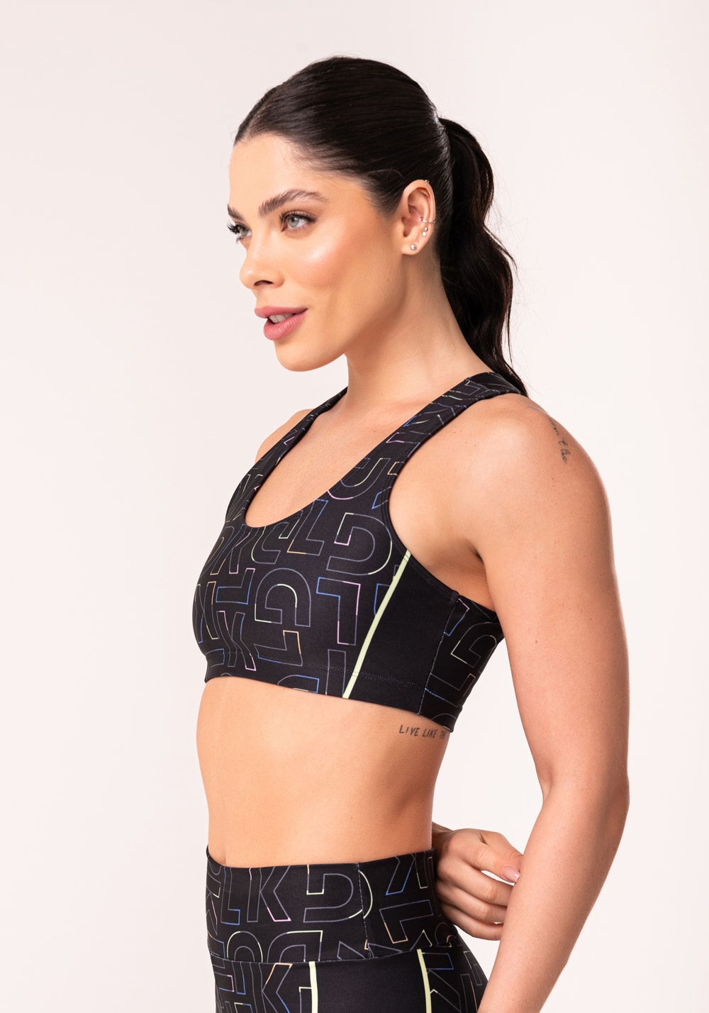Top fitness feminino estampado logomania colorido printed