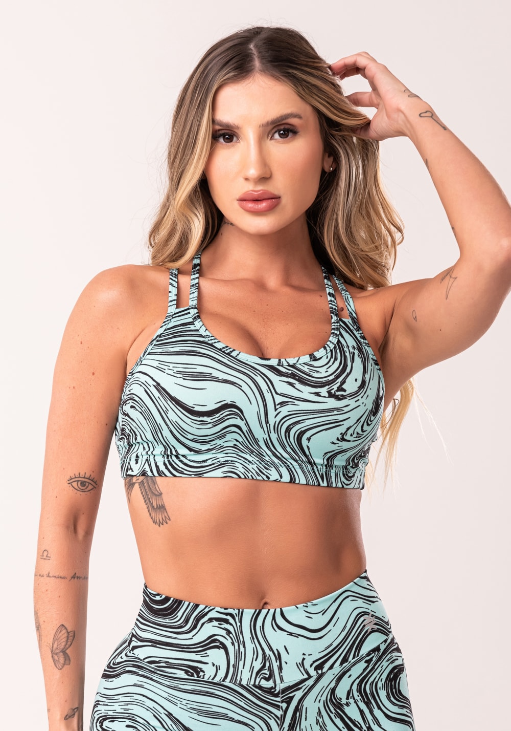 Top fitness feminino verde com alça dupla estampado abstract duo euphoria