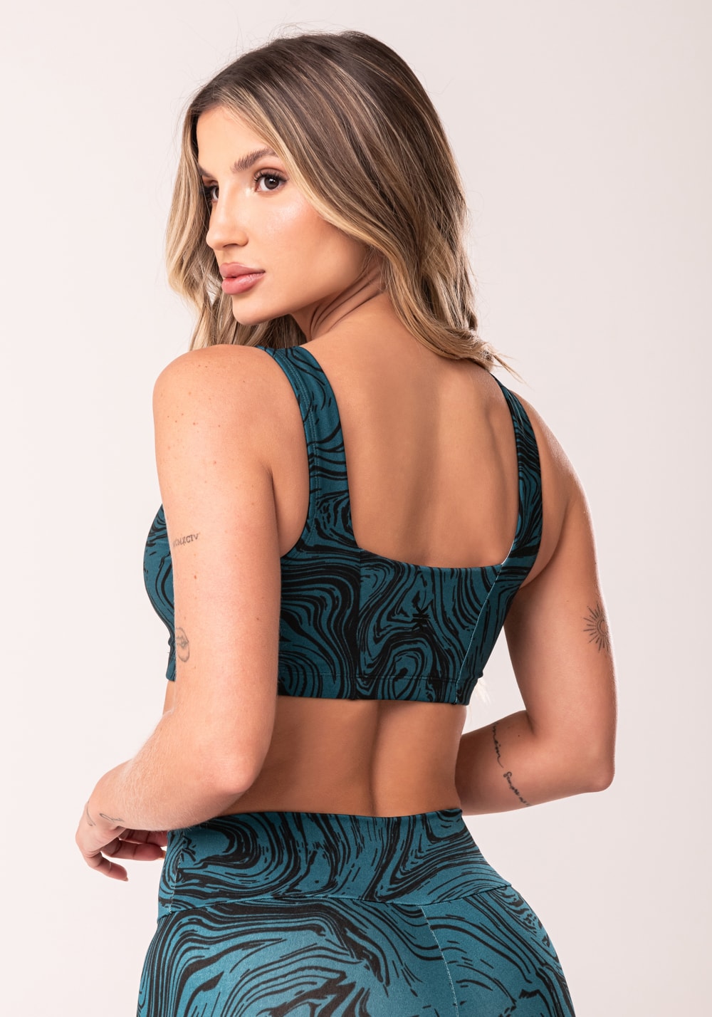 Top fitness feminino petróleo decote reto estampado abstract duo euphoria