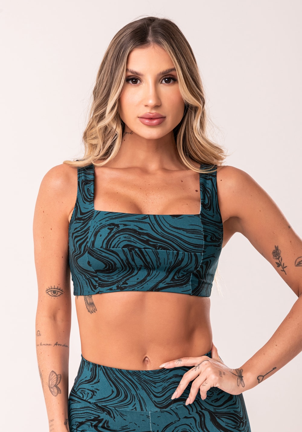 Top fitness feminino petróleo decote reto estampado abstract duo euphoria