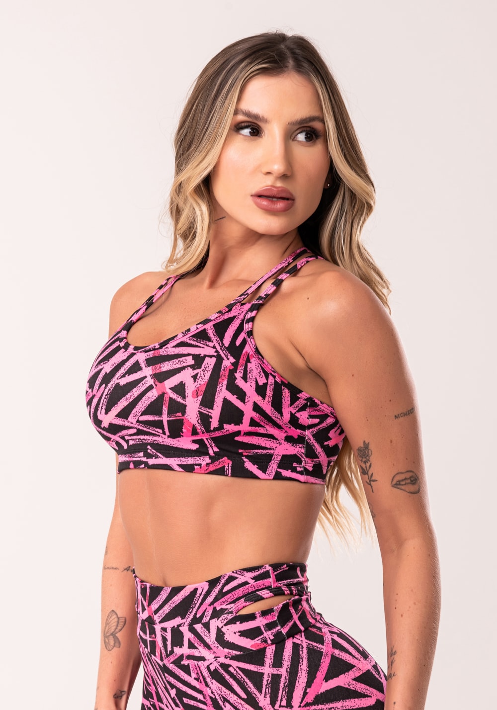 Top fitness feminino rosa com alça dupla estampado sticks euphoria