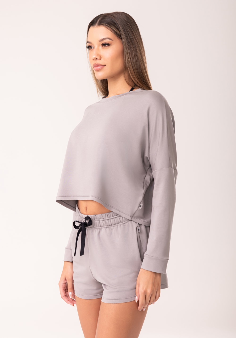 Cropped feminino moletinho cinza manga longa oasis