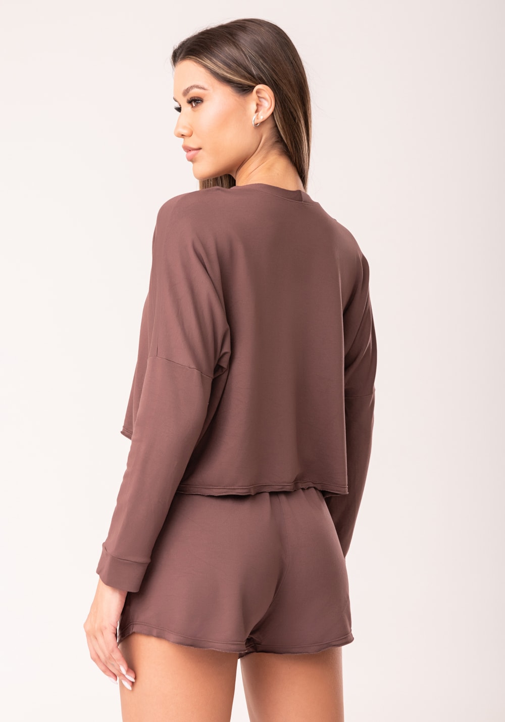 Cropped feminino moletinho marrom manga longa oasis