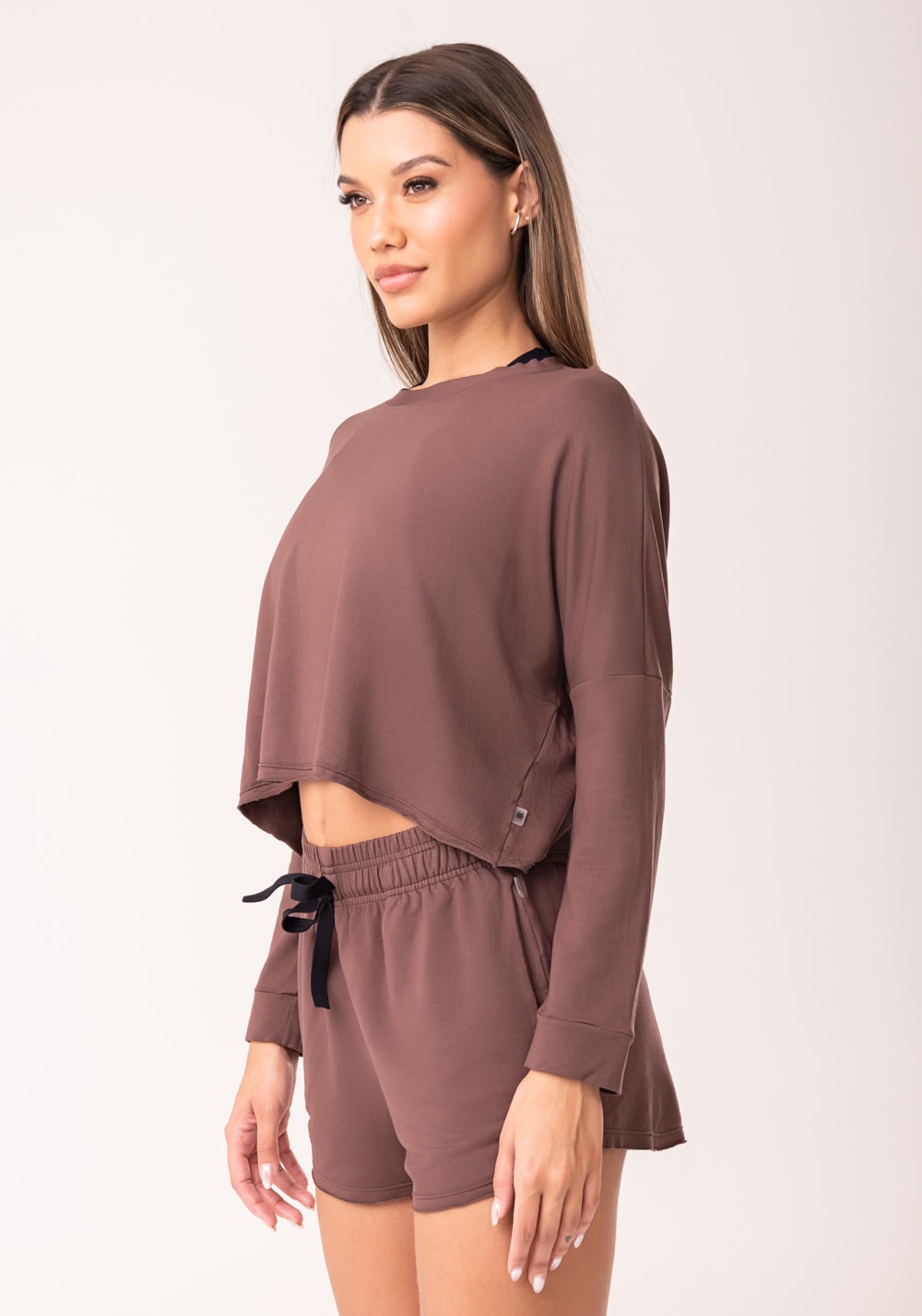 Cropped feminino moletinho marrom manga longa oasis