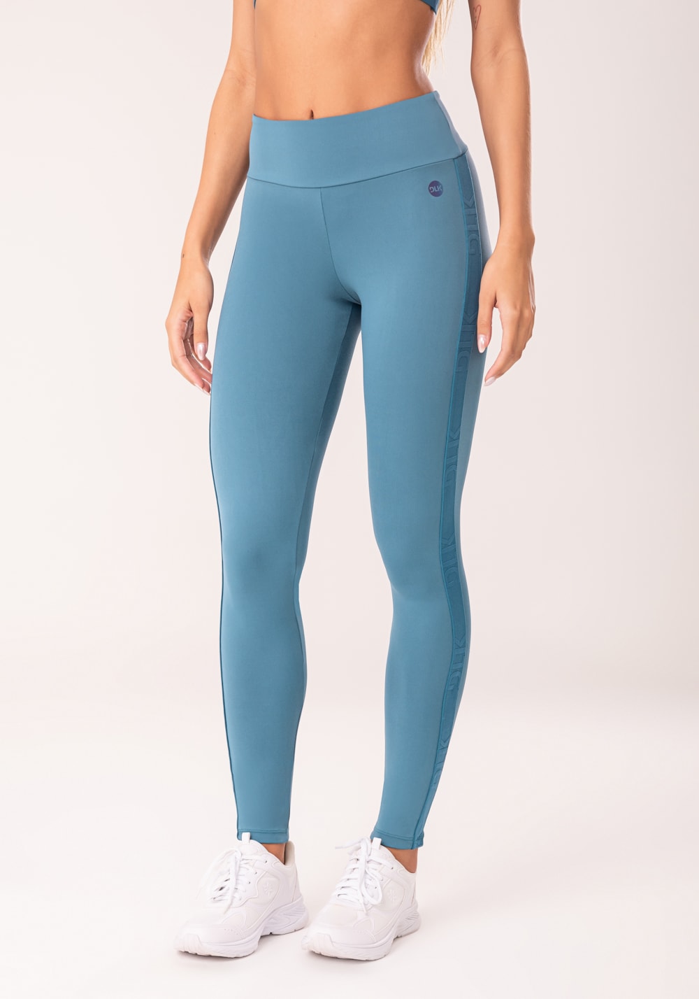 Legging fitness feminina azul com elástico lateral oasis