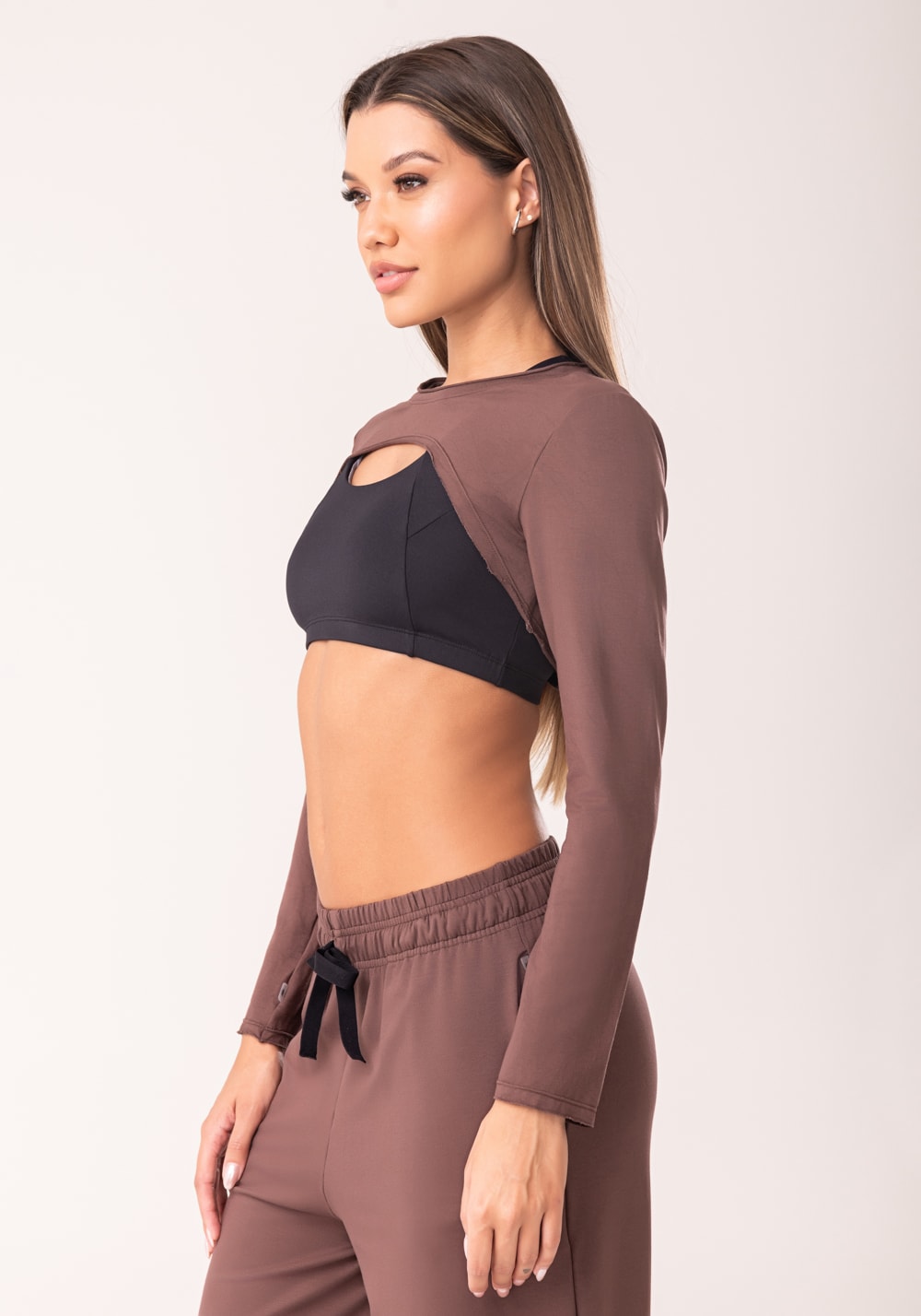 Cropped bolero fitness moletinho marrom oasis