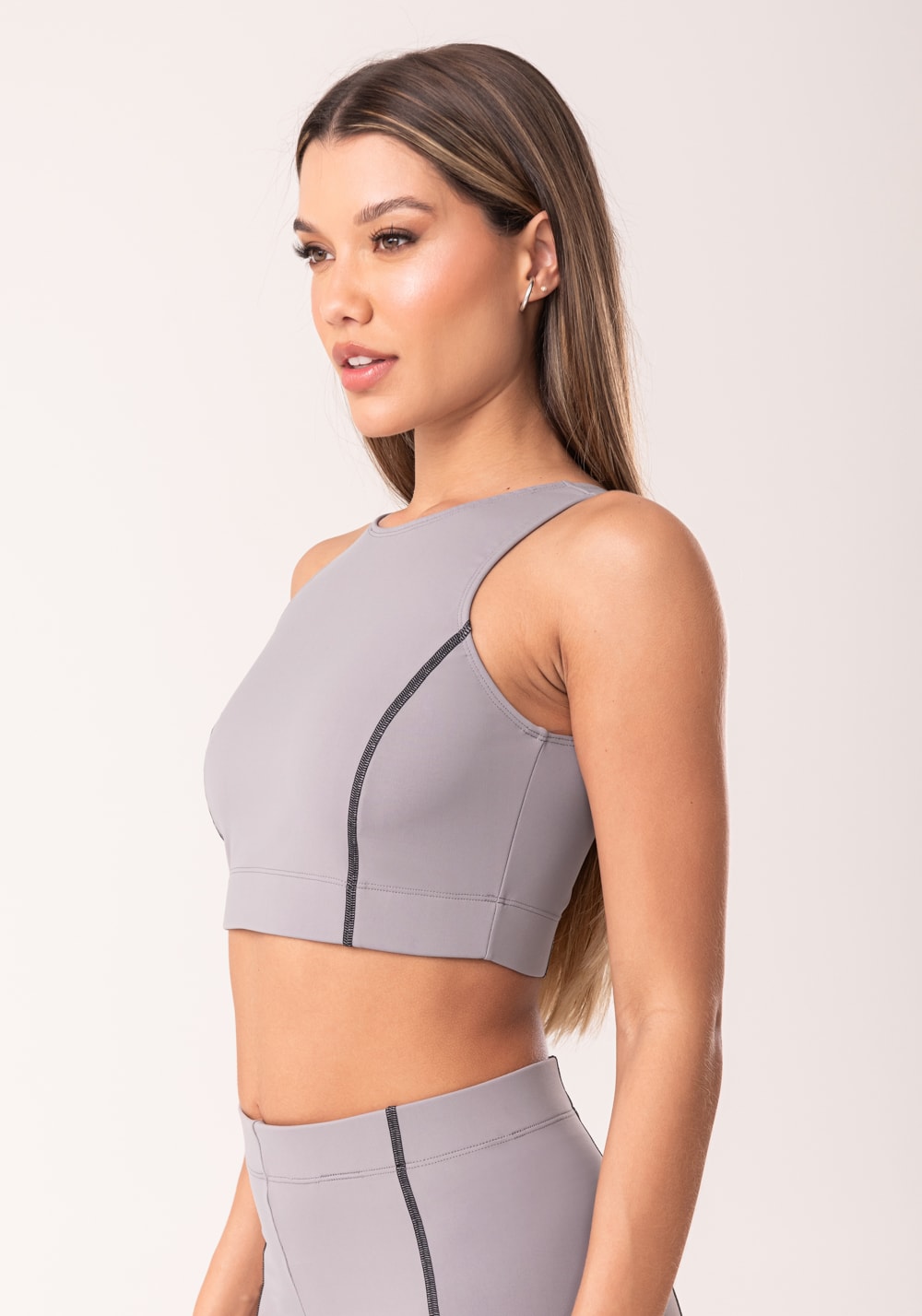 Top fitness feminino cinza com pesponto oasis
