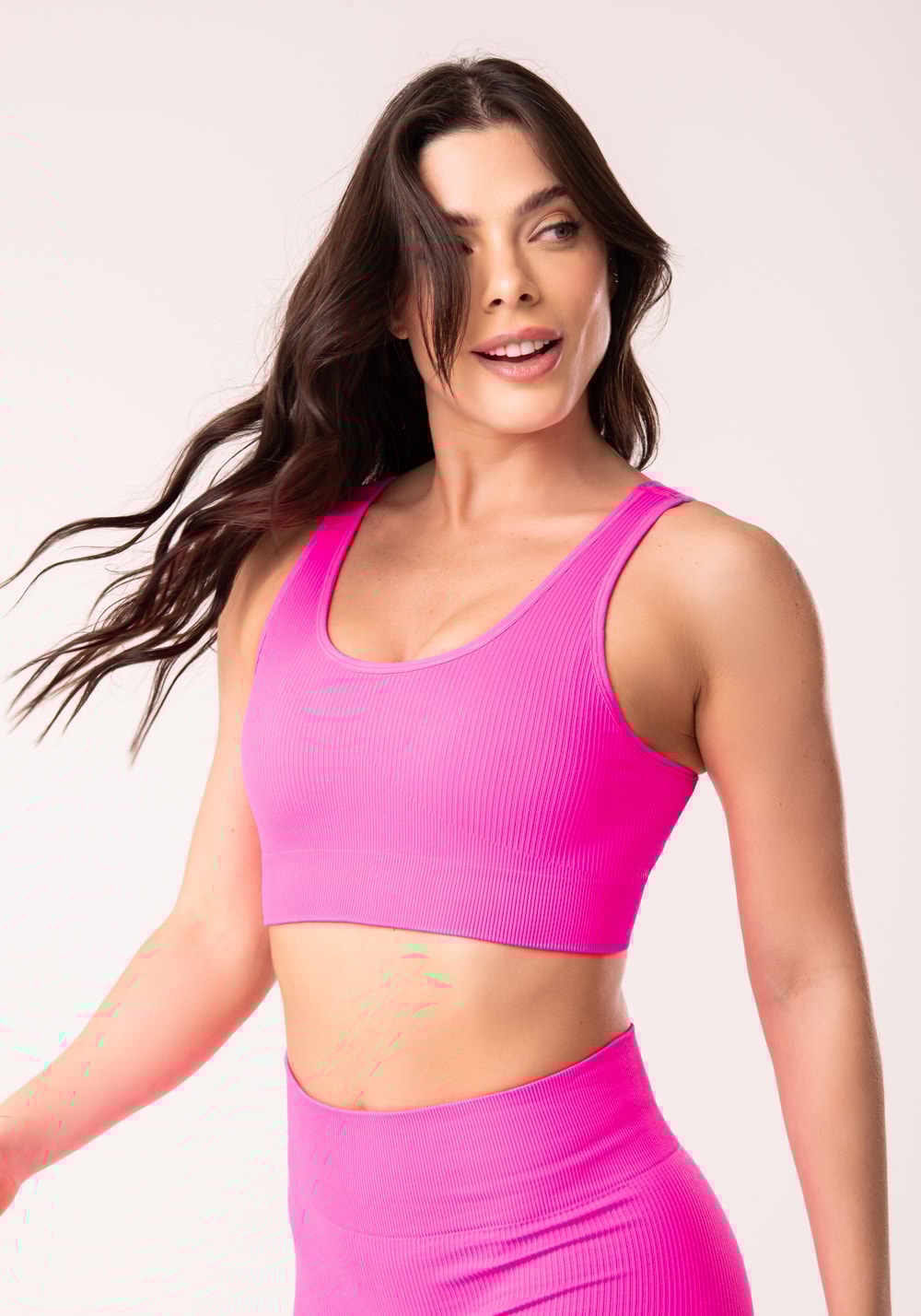 Top fitness feminino com bojo texturizado pink seamless