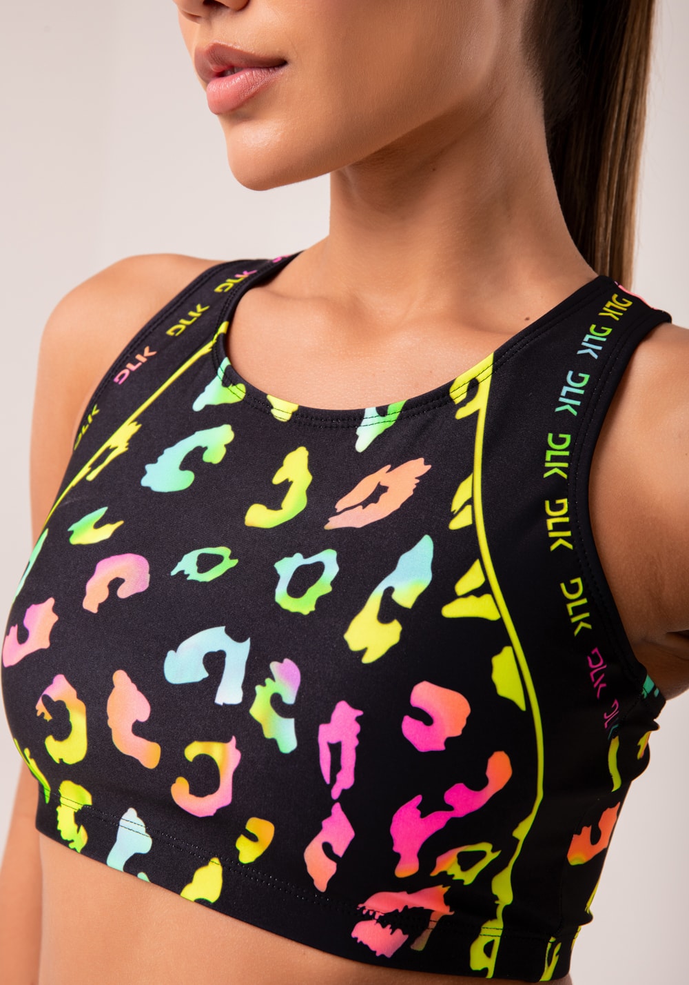 Top fitness feminino nadador estampado neon euphoric printed