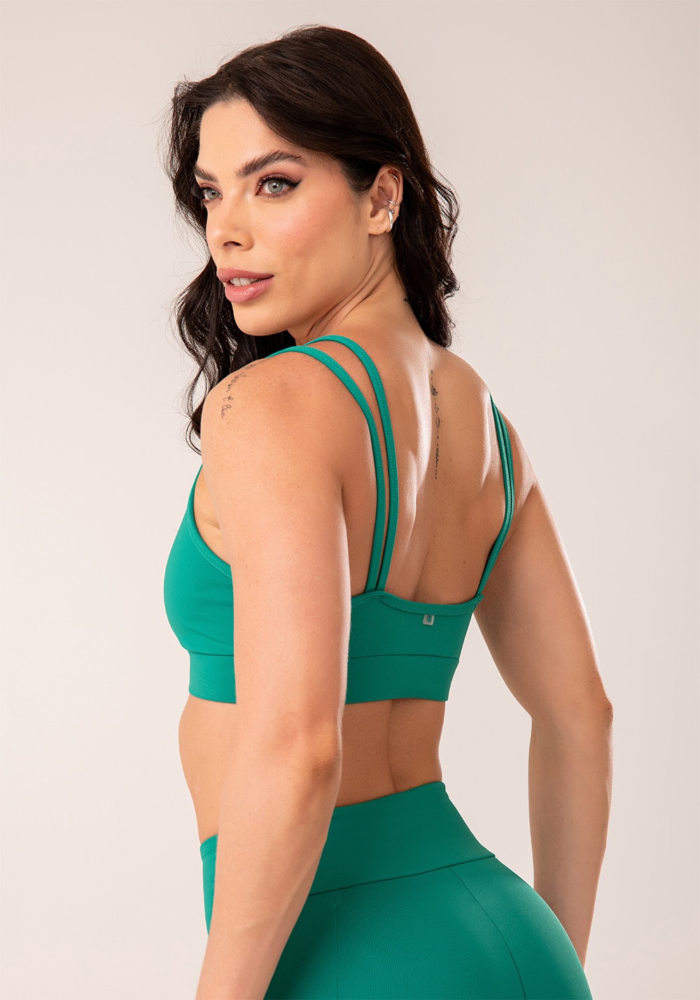 Top fitness feminino verde alça dupla e tela harmony