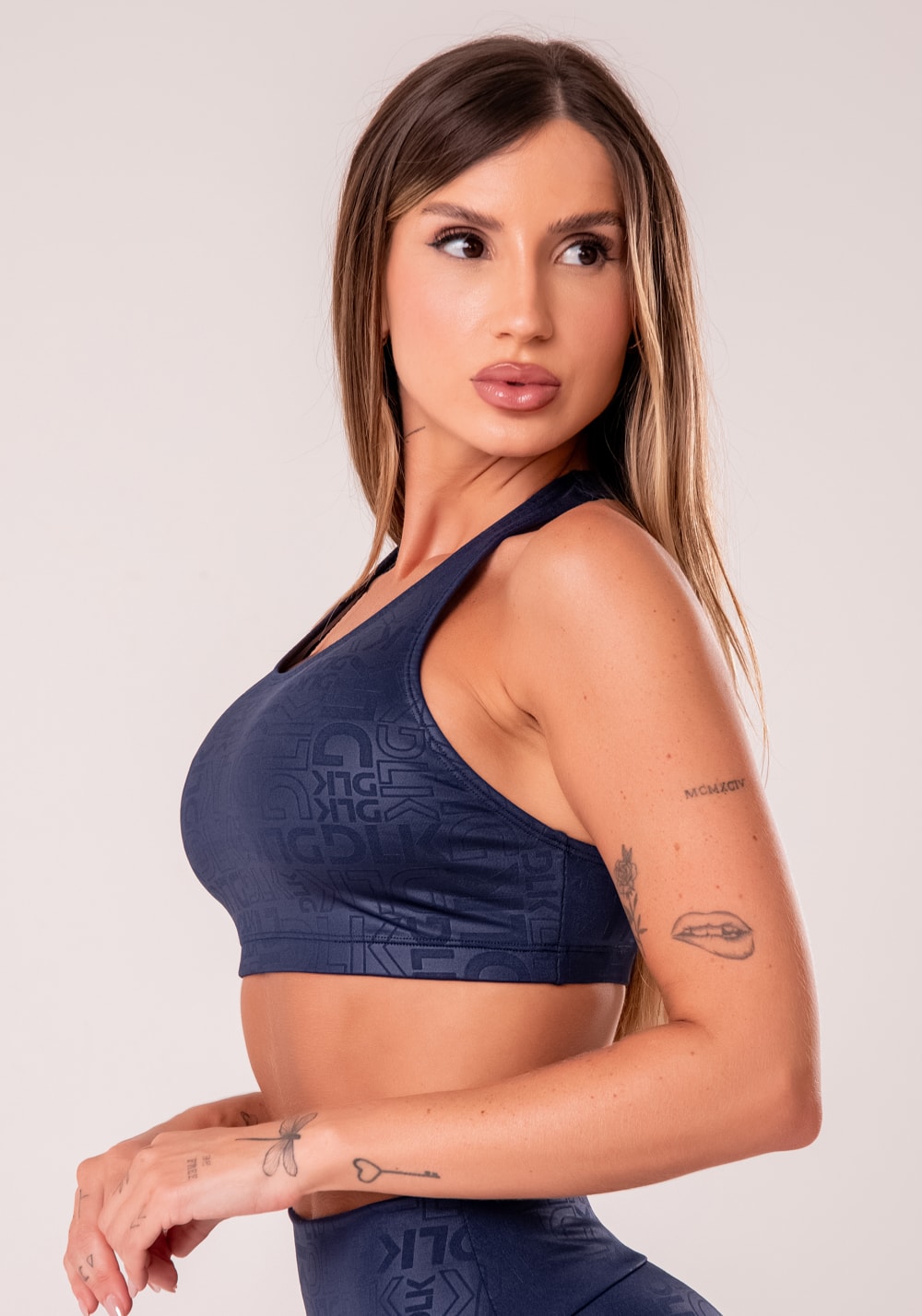 Top fitness feminino nadador azul marinho logomania reflections