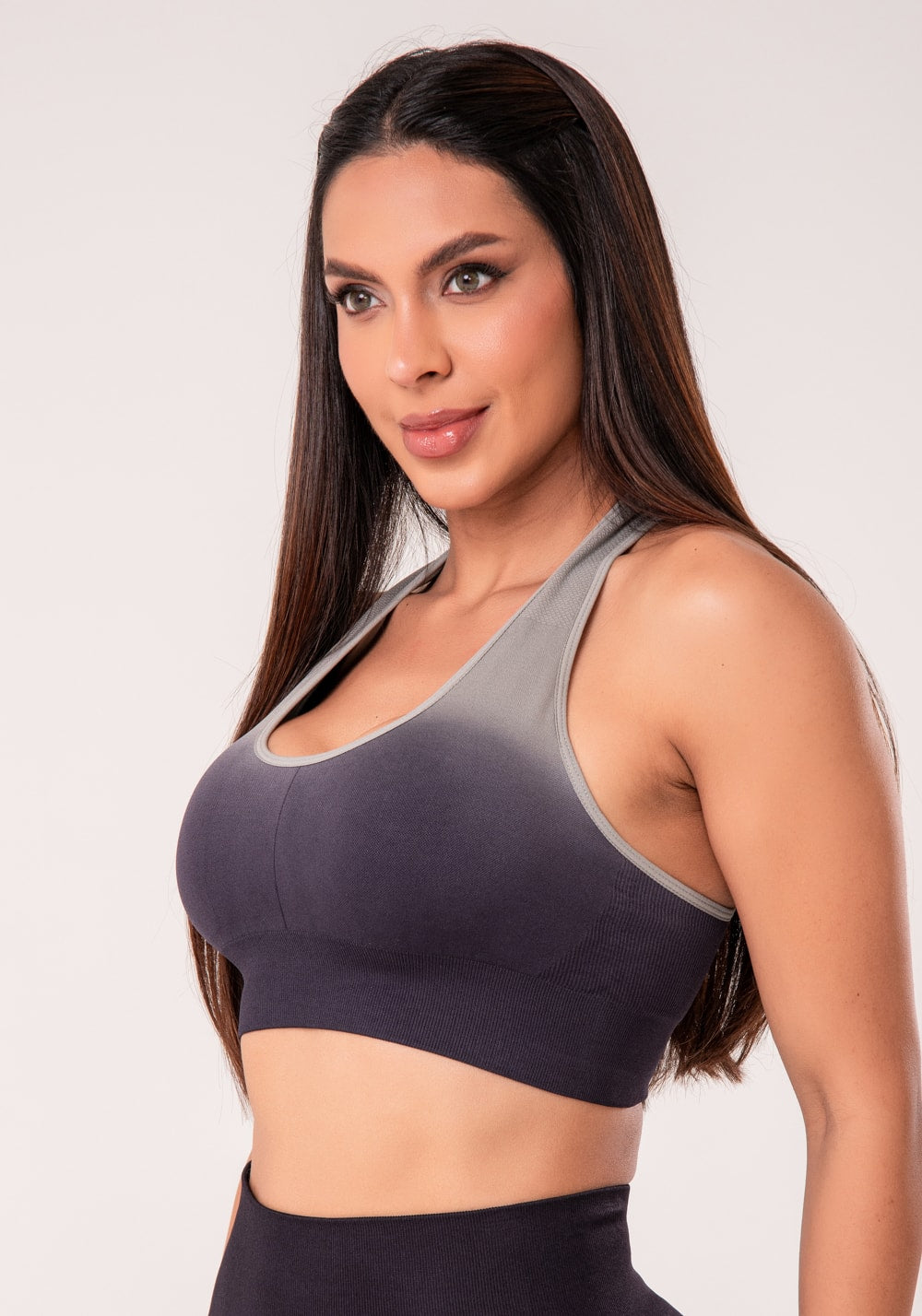 Top fitness feminino nadador preto degradê com bojo seamless+