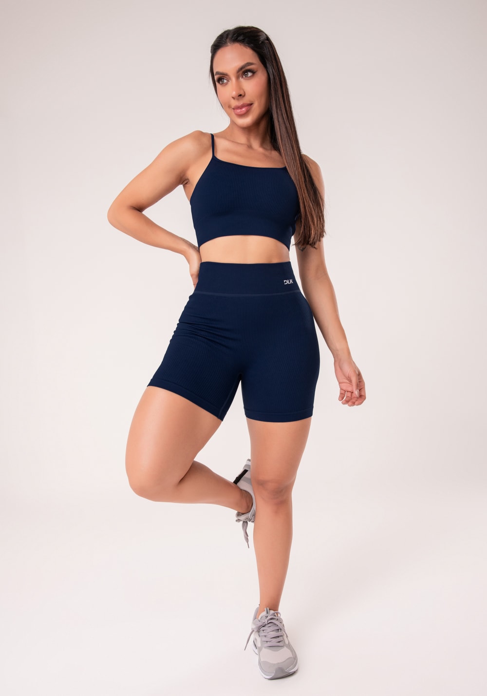 Bermuda fitness feminina azul marinho canelada com cós alto seamless+