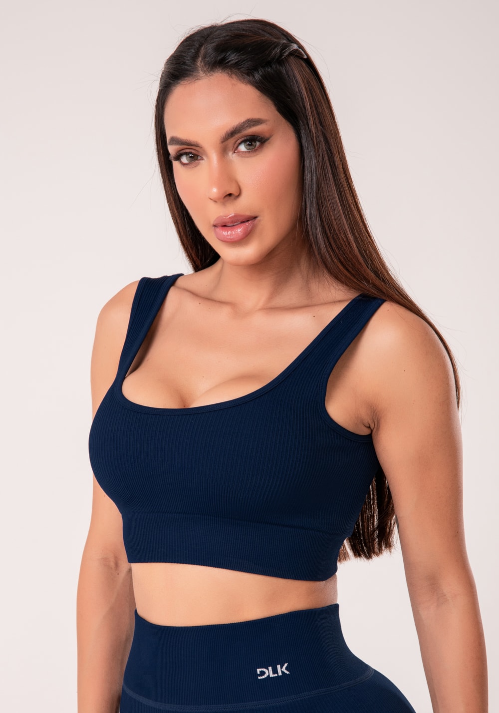 Top fitness feminino azul marinho canelado com bojo seamless+
