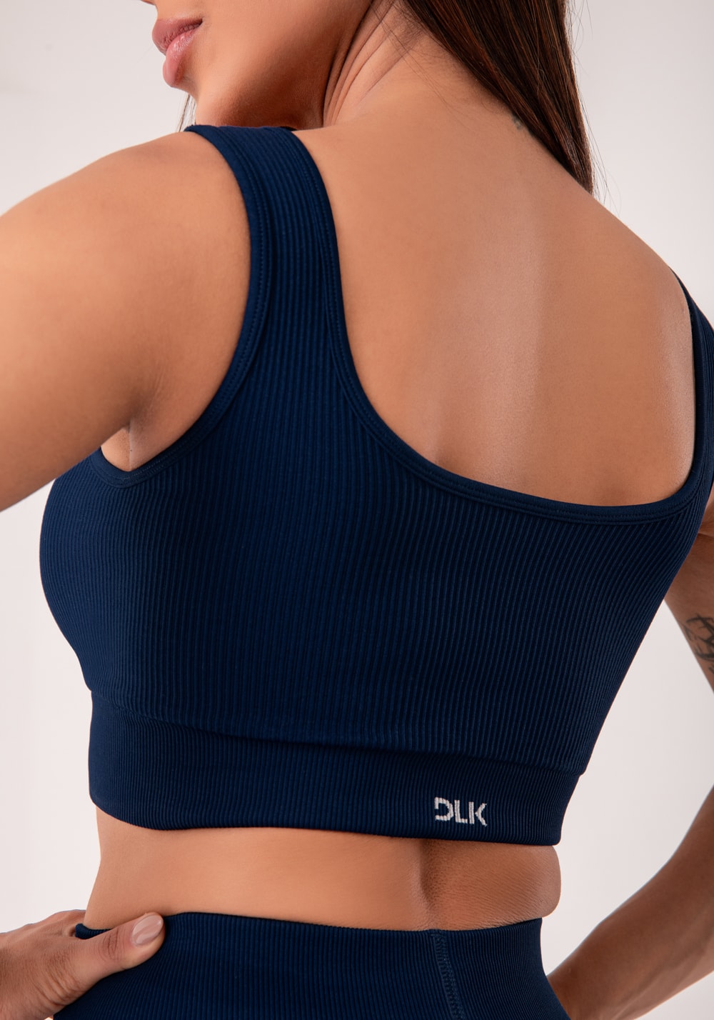 Top fitness feminino azul marinho canelado com bojo seamless+