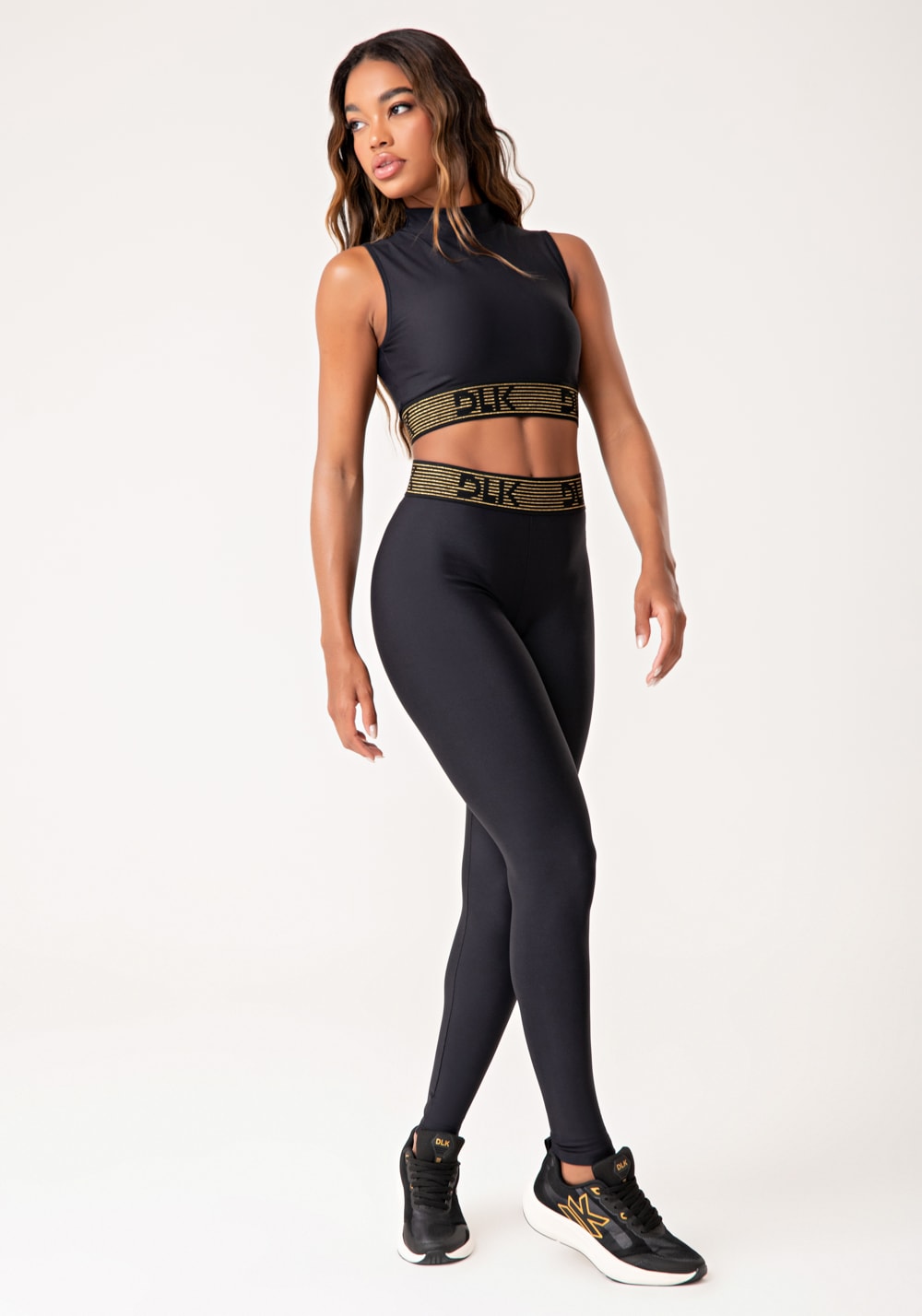 Legging fitness feminina preto com elástico lurex lush