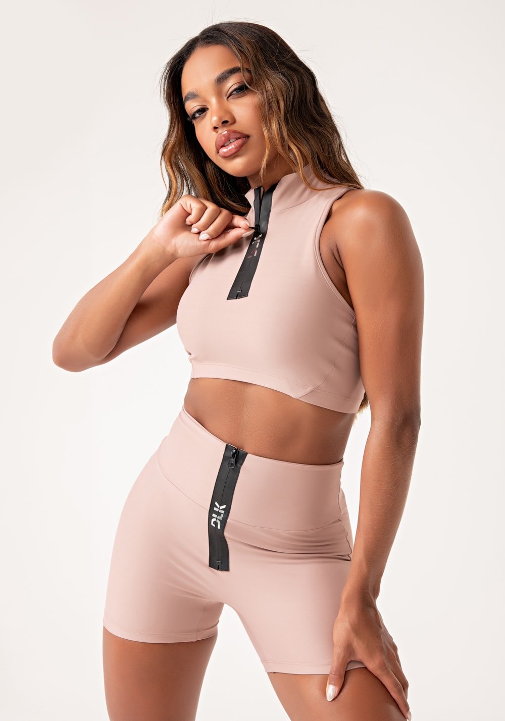Top fitness feminino nude com zíper emborrachado lush