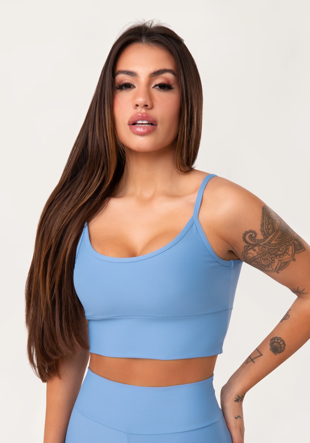 Top fitness feminino azul com bojo aura