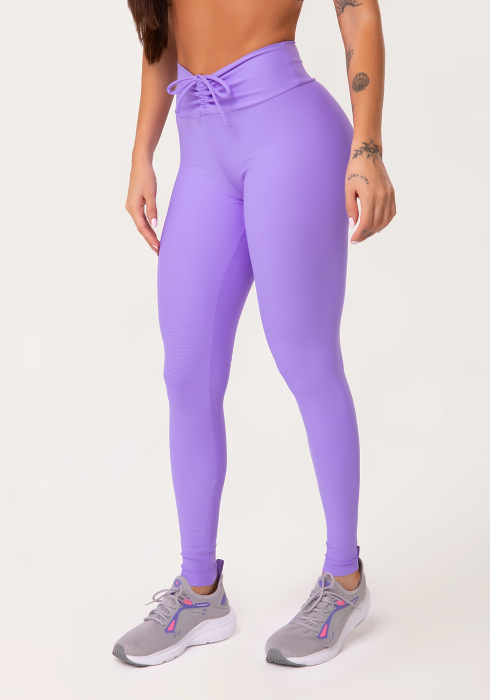 Legging fitness feminina lavanda com franzido e amarração aura