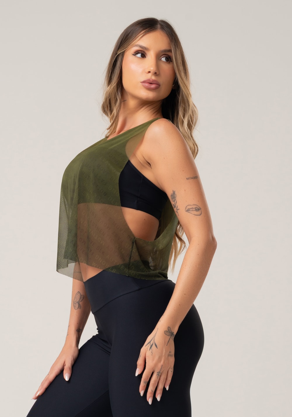 Cropped feminino de tule estampado authentic verde printed