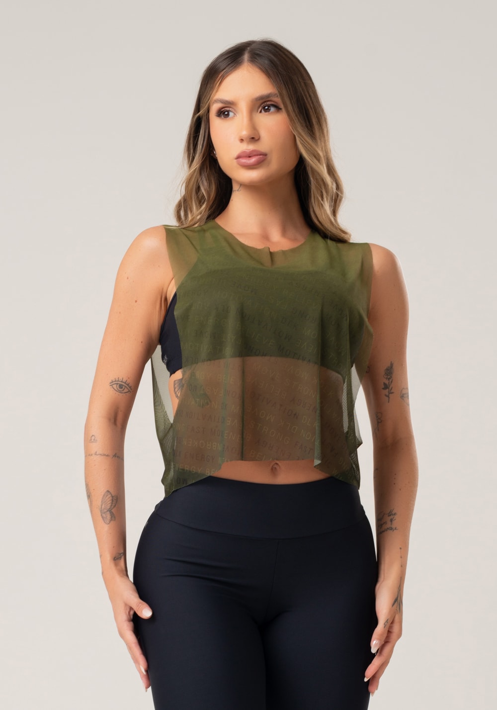 Cropped feminino de tule estampado authentic verde printed