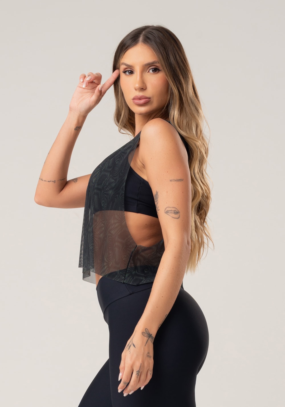 Cropped feminino de tule estampado energy verde printed