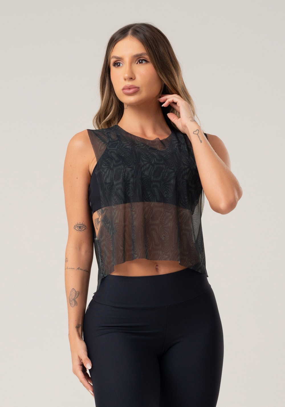 Cropped feminino de tule estampado energy verde printed